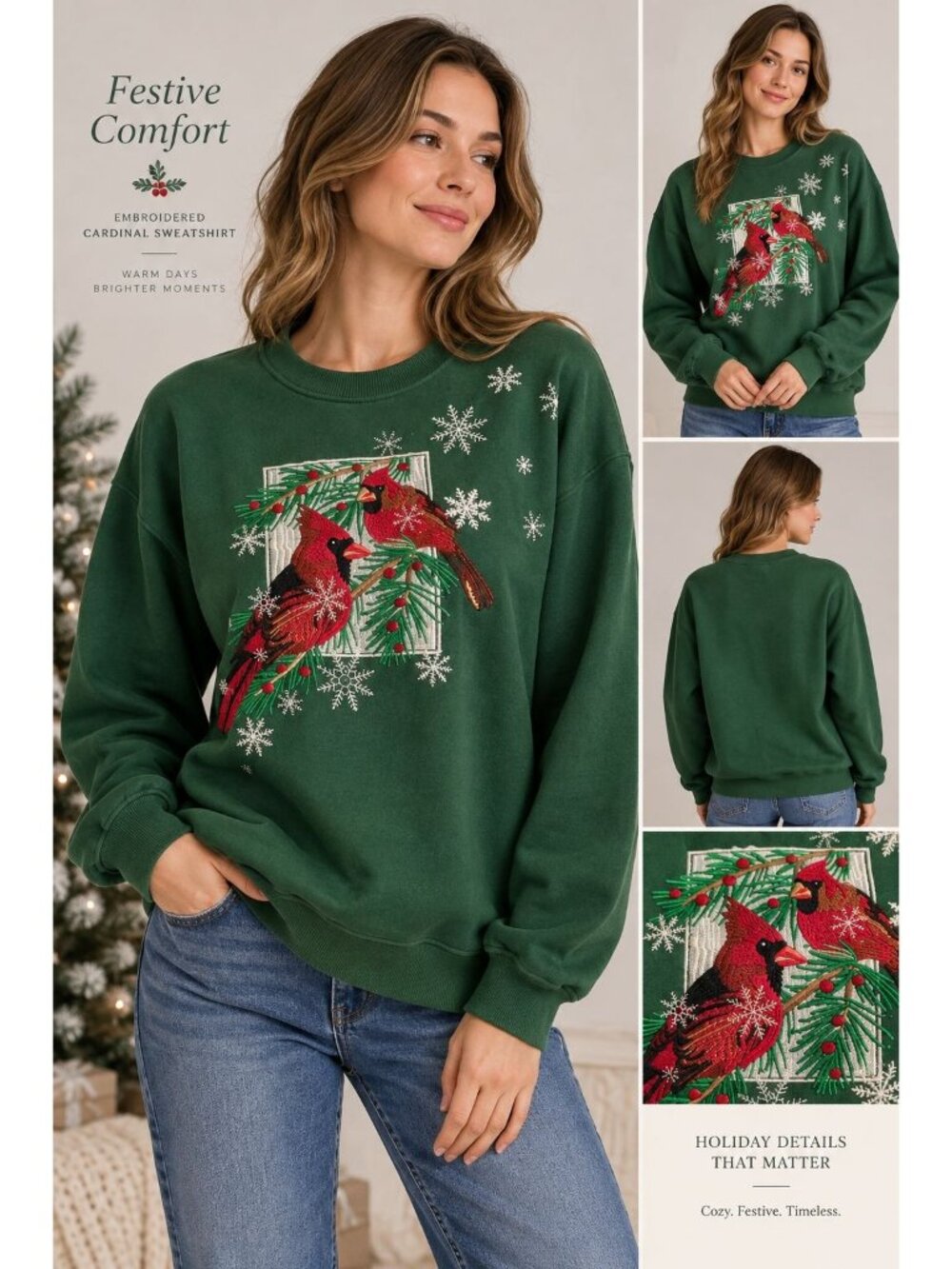 festive dark green sweatshirt features detailed embroidery of red cardinals L